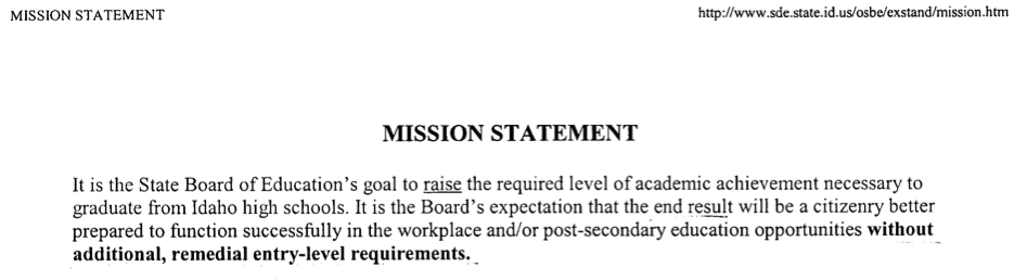 This was from Idaho in 1999 when "achievement standards" were introduced as "exit standards."